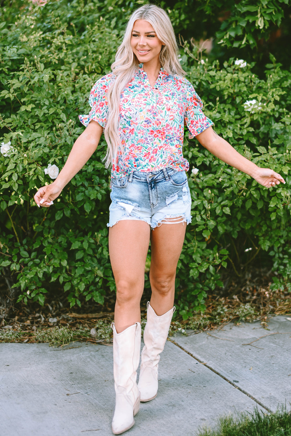 Women's Floral-Print Print Split Neck Balloon Sleeve Blouse