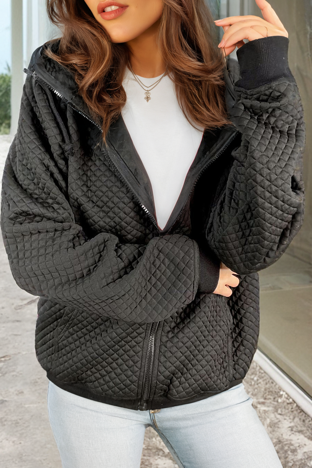 Quilted Side Pockets Zip Hooded Jacket in Black
