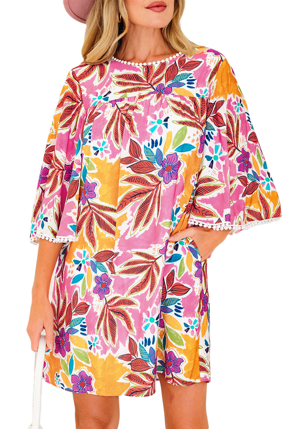 Floral-Print Lace Trimmed Tie Back Bell Sleeve Swing Mini Dress