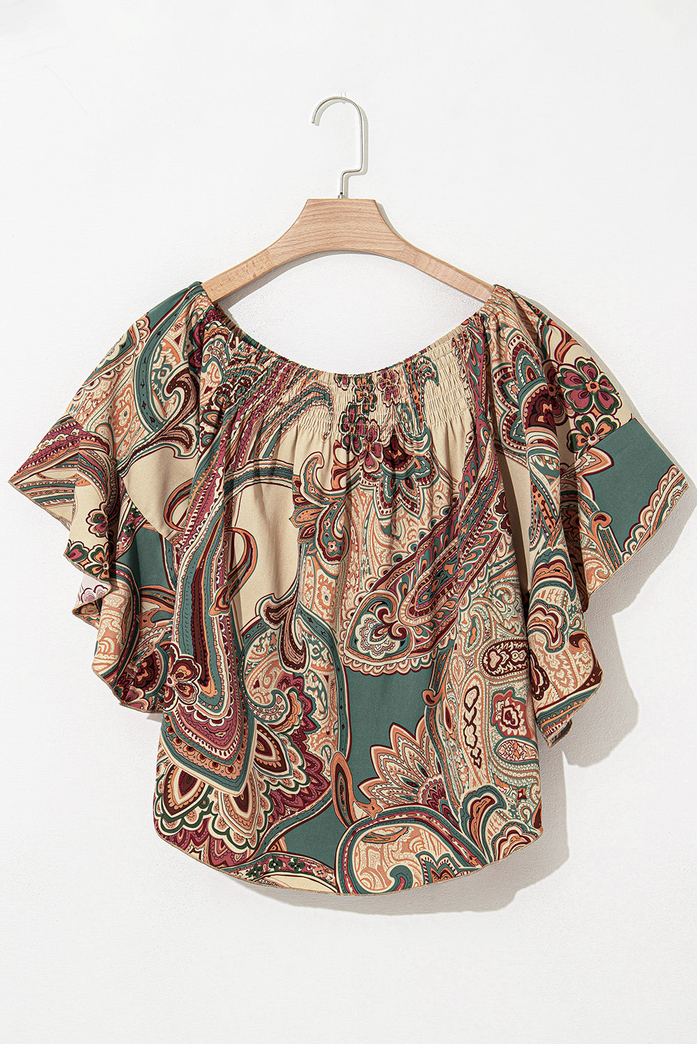 Paisley Printed Shirred Off Shoulder Blouse