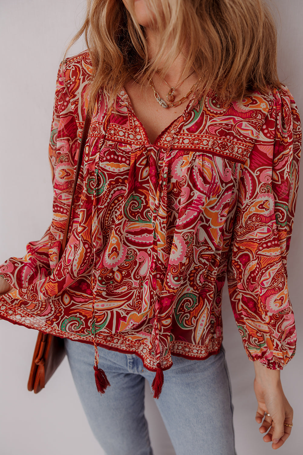 Paisley Print Ethnic Print Tassel Tie Puff Sleeve Boho Blouse