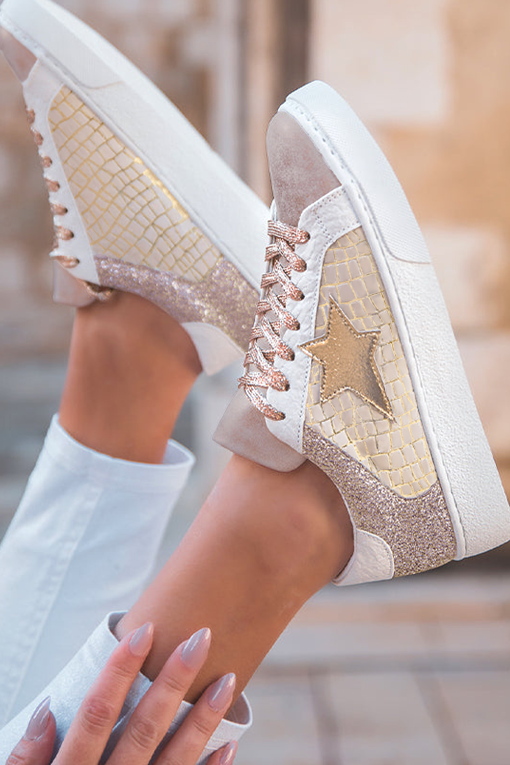 Star Patchwork Glitter Patchwork PU Leather Lace-up Sneakers
