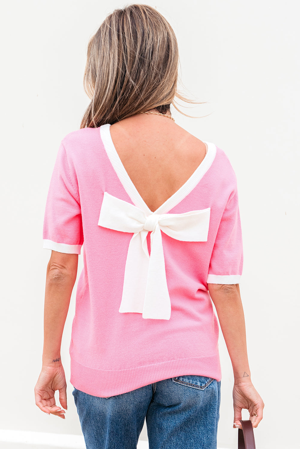 Pink Colorblock Bow V-Shape Cut Back Short Sleeve Sweater