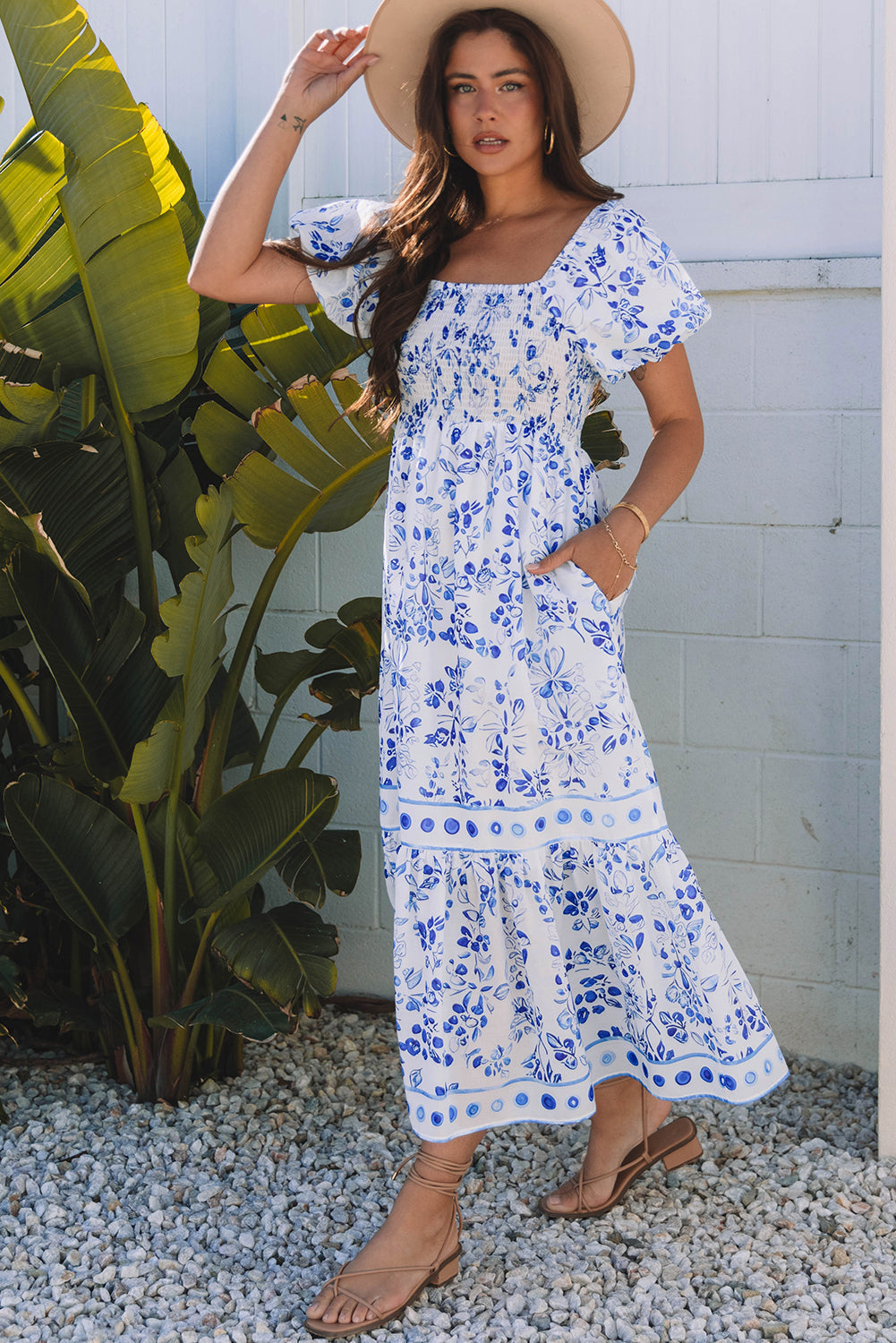 Floral Print Square Neck High Waist Maxi Dress