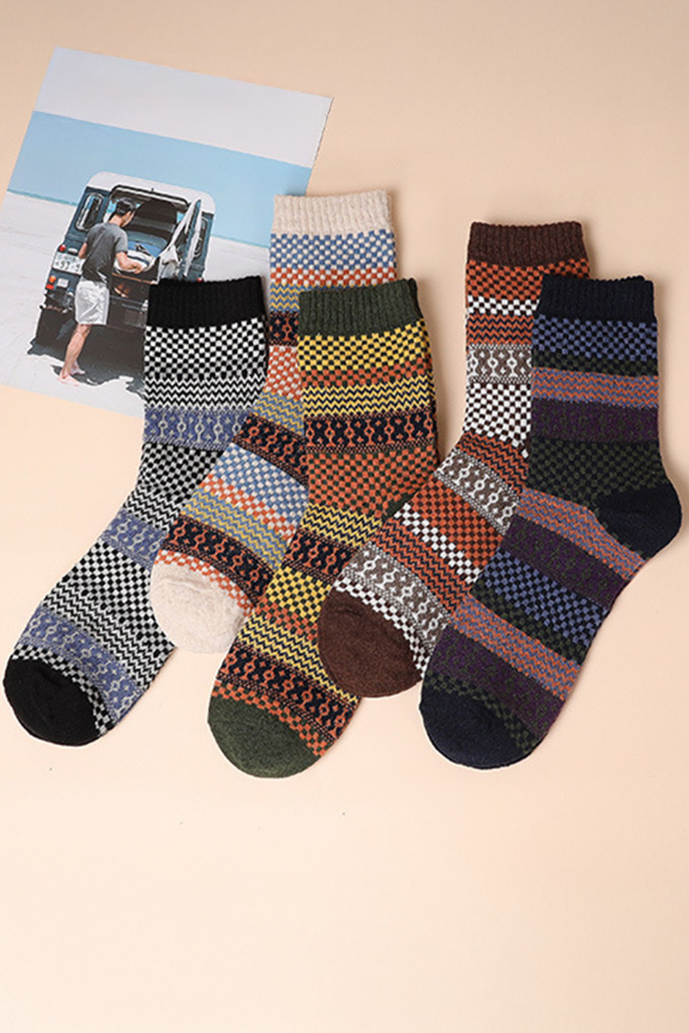 Checkered Pattern Boho Pattern Soft Crew Socks Set