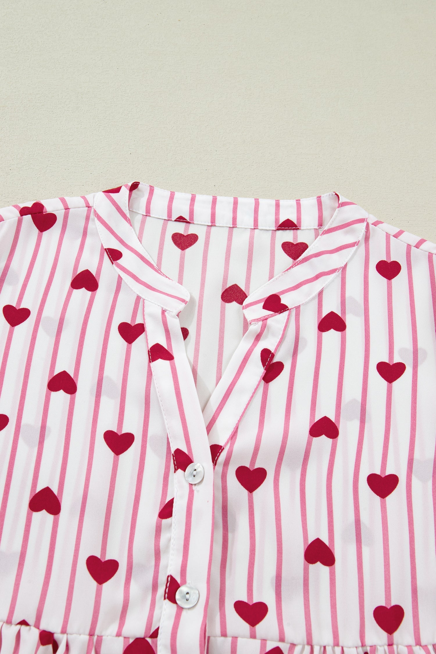 Stripe Long Heart Print Flounce Sleeve Shirt in Pink