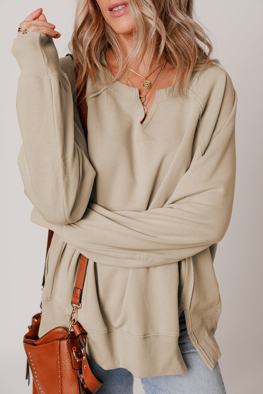 Raw Seam Edge Exposed Raglan Sleeve Side Slit Sweatshirt