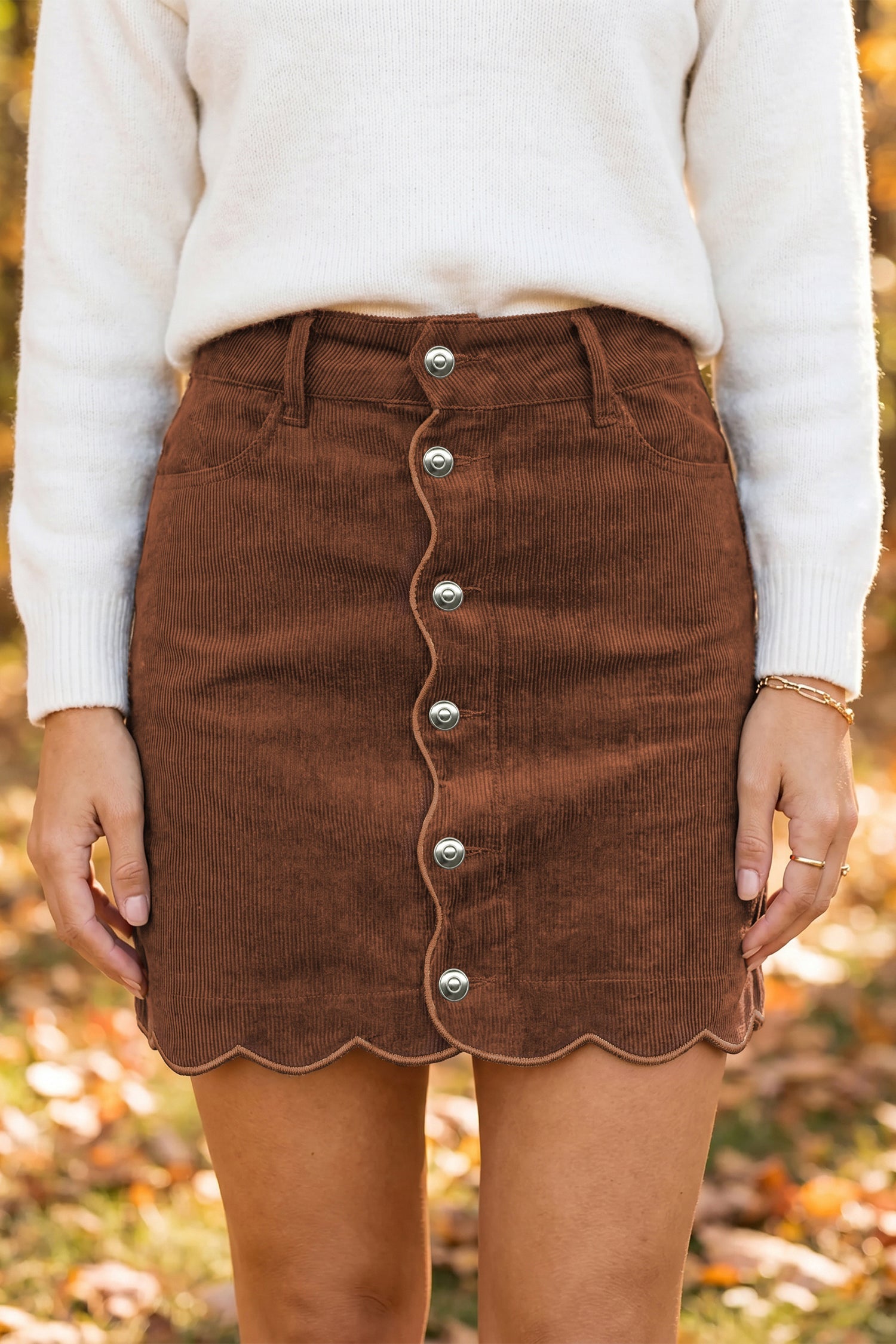Front Coffee Button Corduroy Mini Pockets Sheath Silhouette Skirt