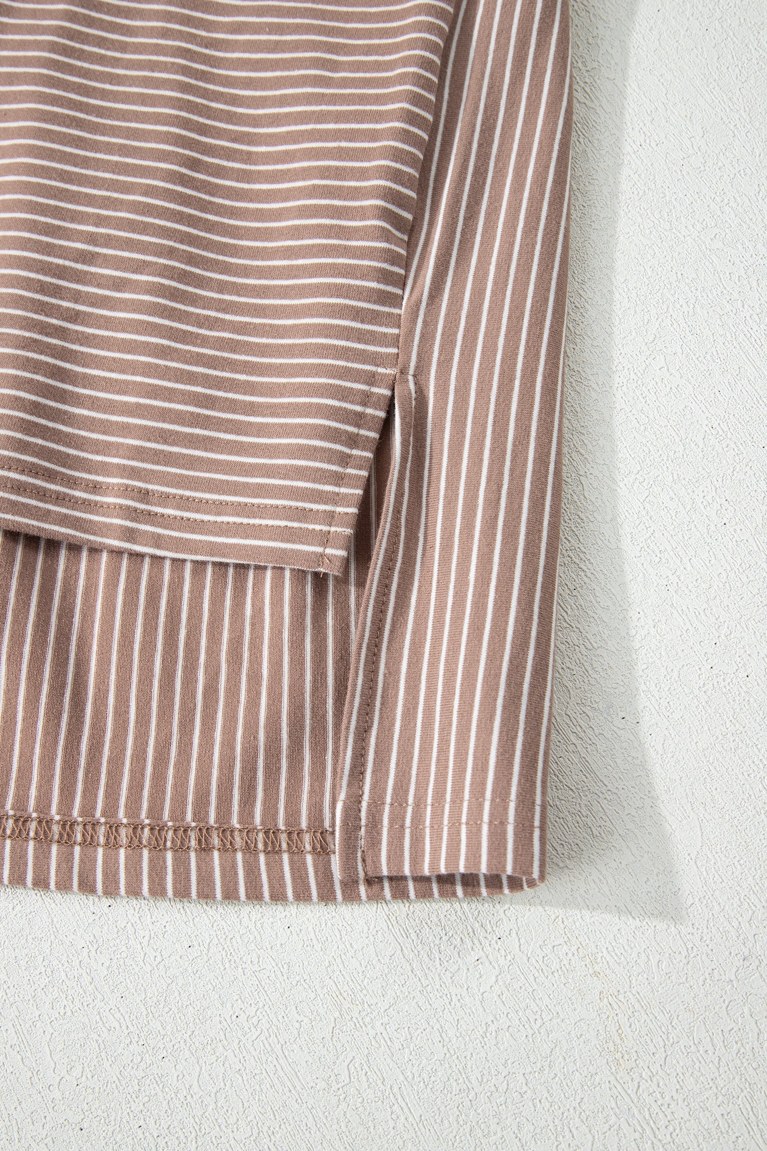 Stripe Button-Front V-Neck High Low Side Slit T Shirt in Khaki