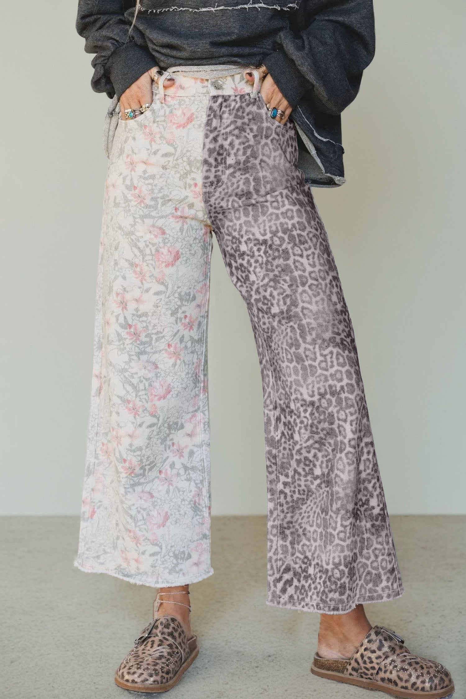 Retro Floral Leopard Contrast Patchwork Raw Hem Jeans in Multicolour