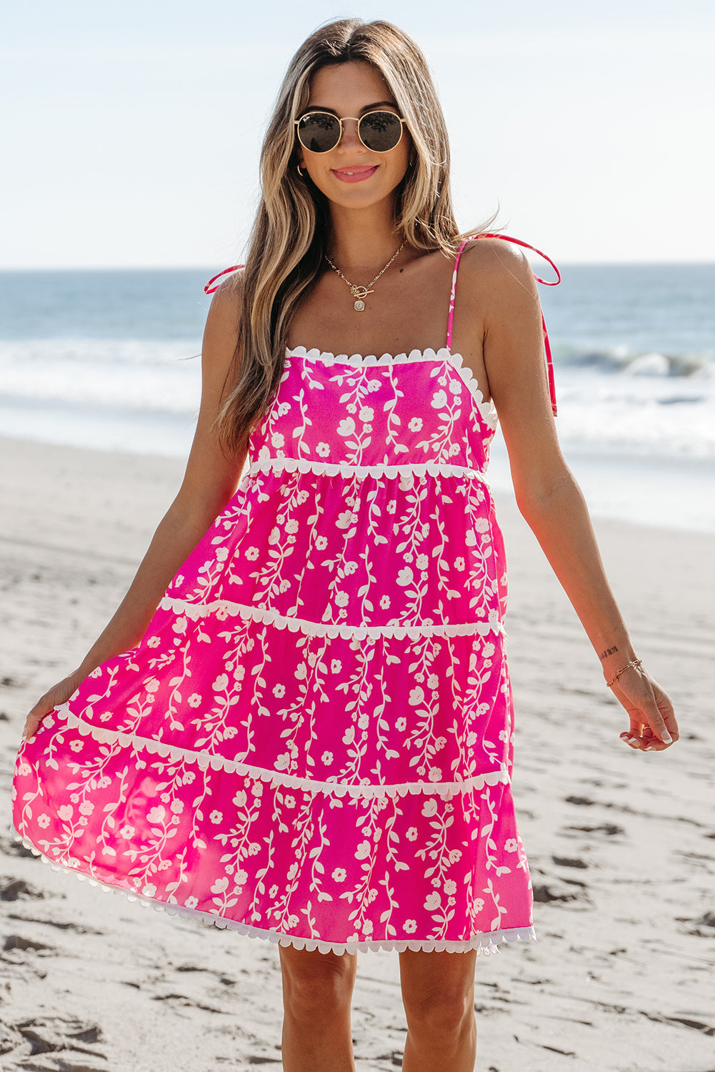 Floral Print Ric Rac Patched Sleeveless Mini Dress