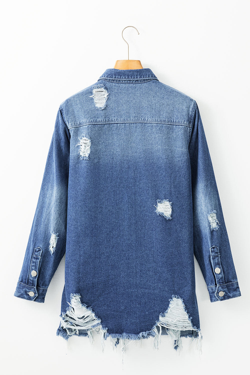 Light Frayed Wash Distressed Long Denim Jacket in Sky Blue