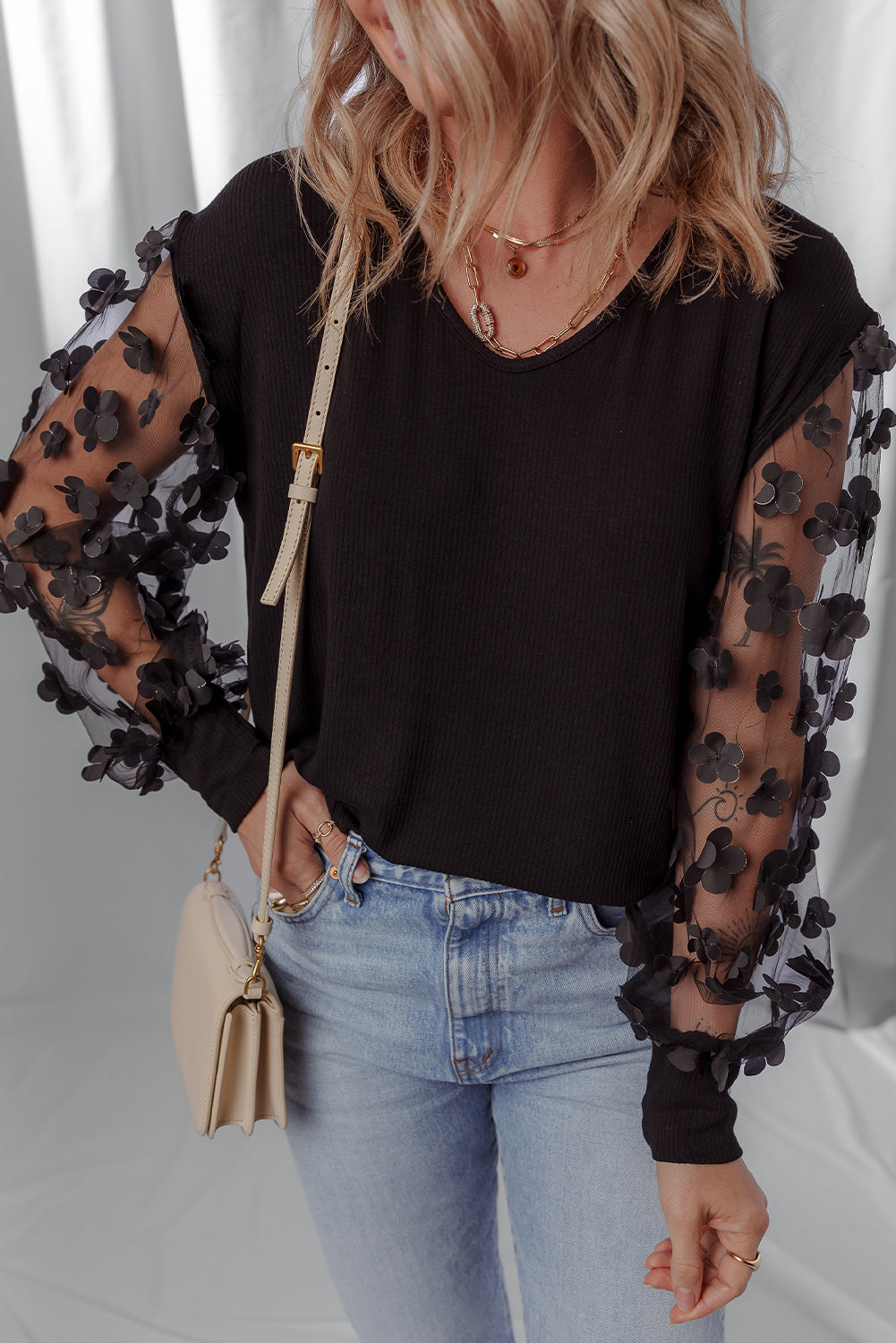 Flower Long-Sleeved Applique Mesh V-Neck Blouse