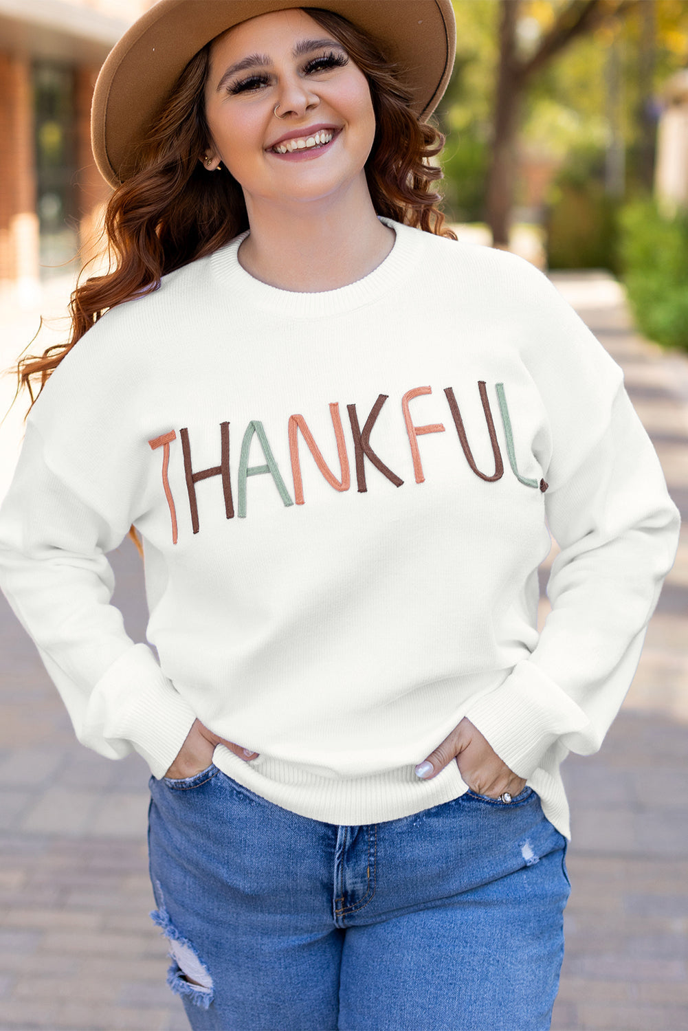 Plus Size Thankful Ivory Embroidered Sweater