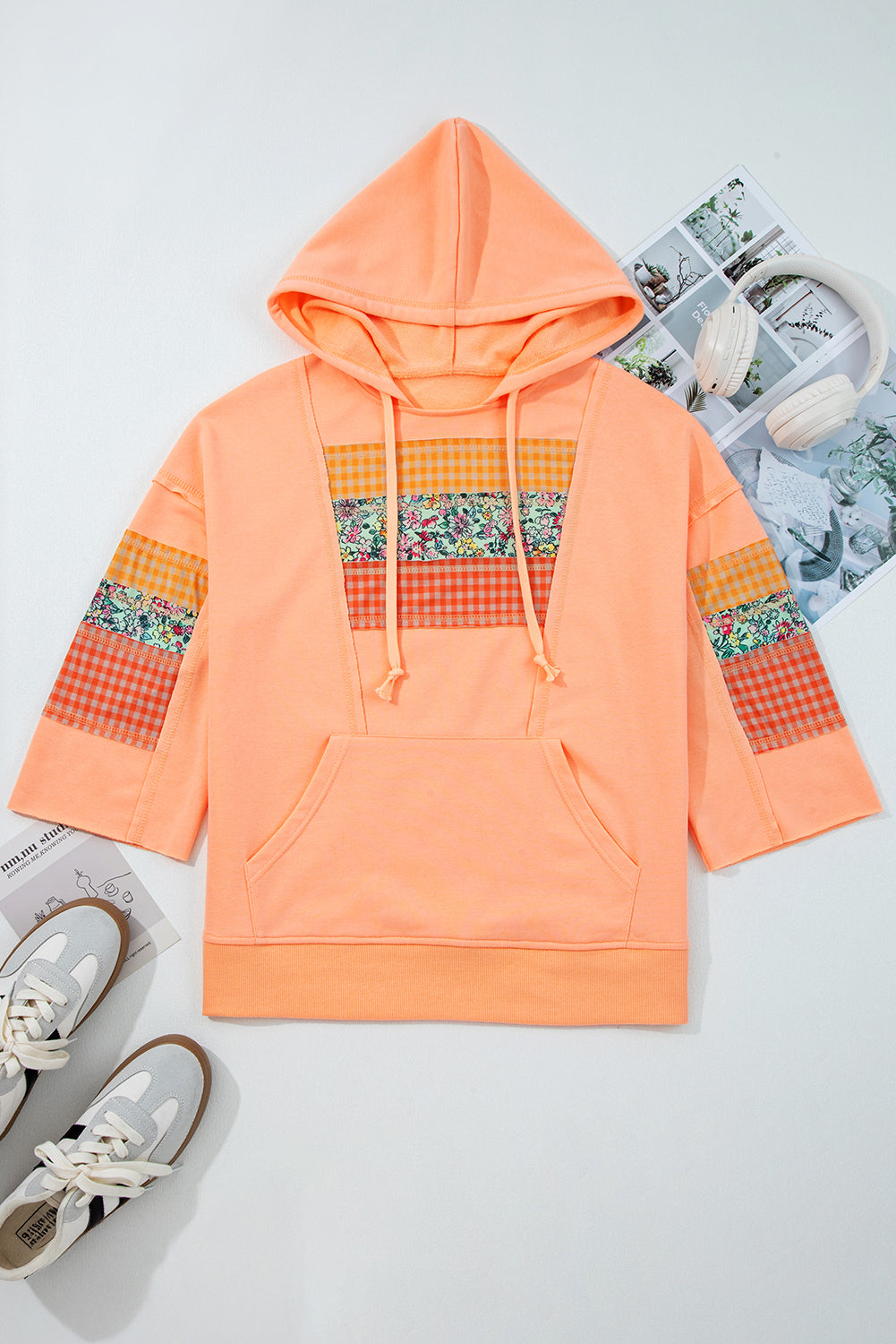 Plaid Floral Patchwork Kangaroo Pocket Hooded Long-Sleeved Top