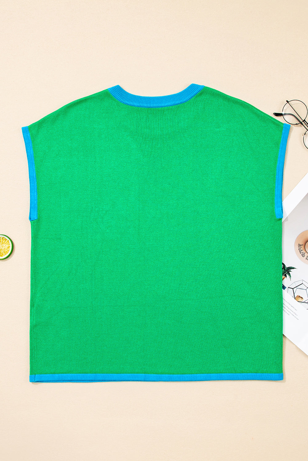 Contrast Short-Sleeved Trim Round-Neck Loose Knit Knit Top