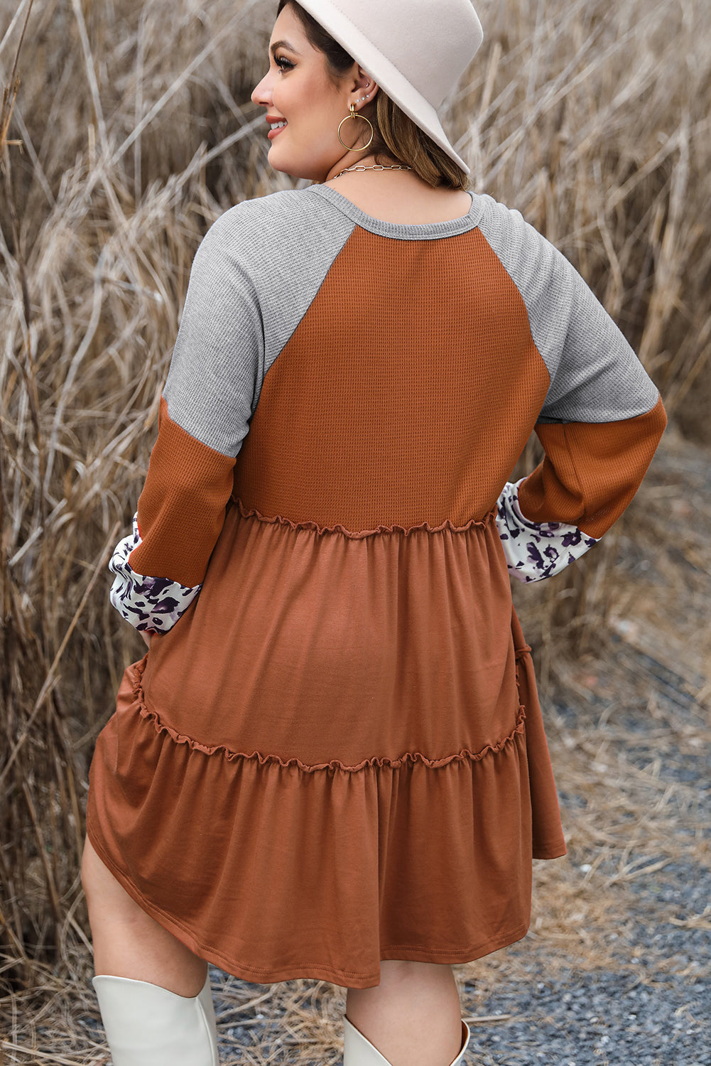 Mini-Robe Léopard Gaufré à Volants et Manches Longues de Grande Taille