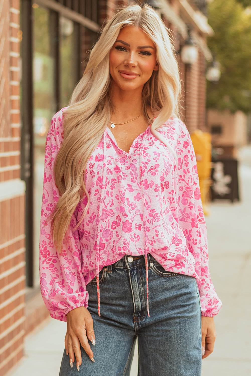 Sleeve Floral Puff Split Neck Lightweight Blouse