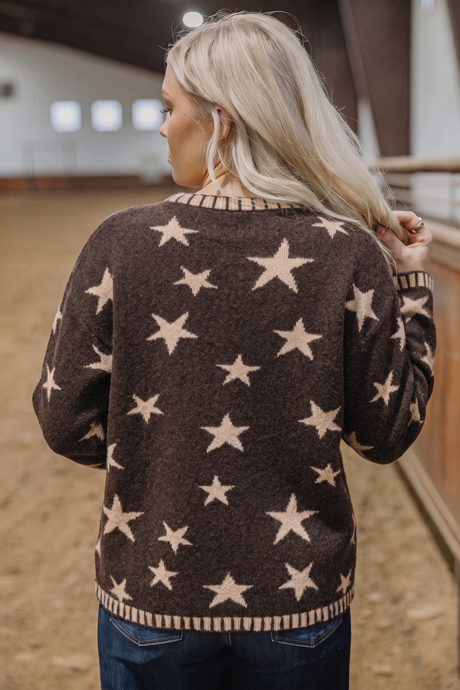 Stars Pattern Colorblock Long-Sleeved Shift Wool Cardigan in Brown
