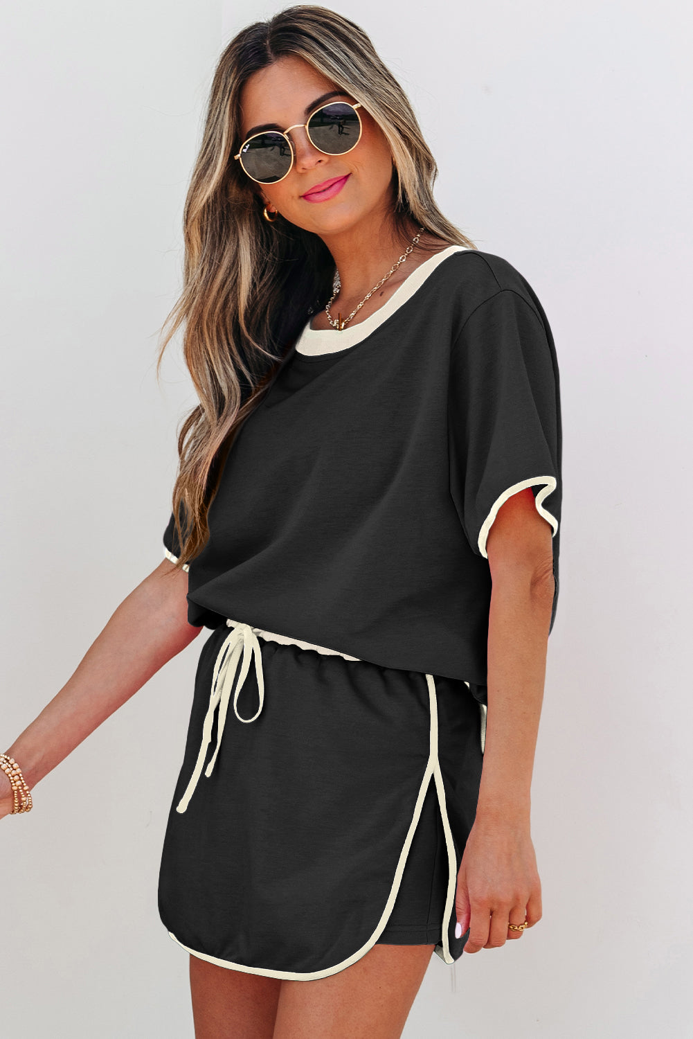 Colorblock Edge Drop-Shoulder T Shirt and Skort 2-Piece Outfit in Black