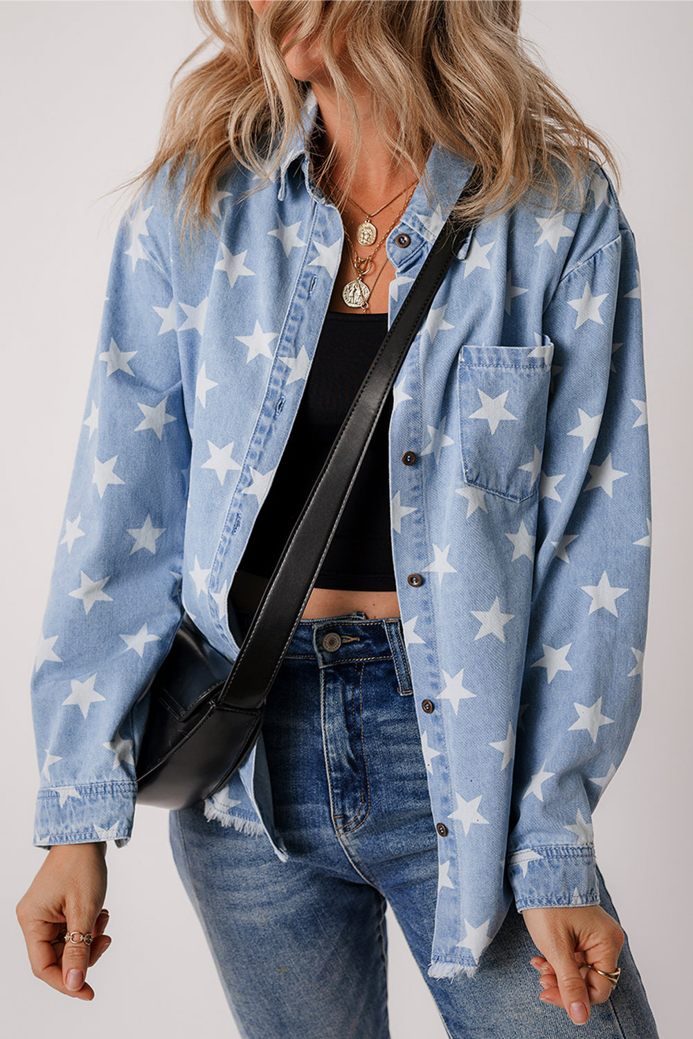 Star Pattern Light Wash Raw Hem Denim Jacket