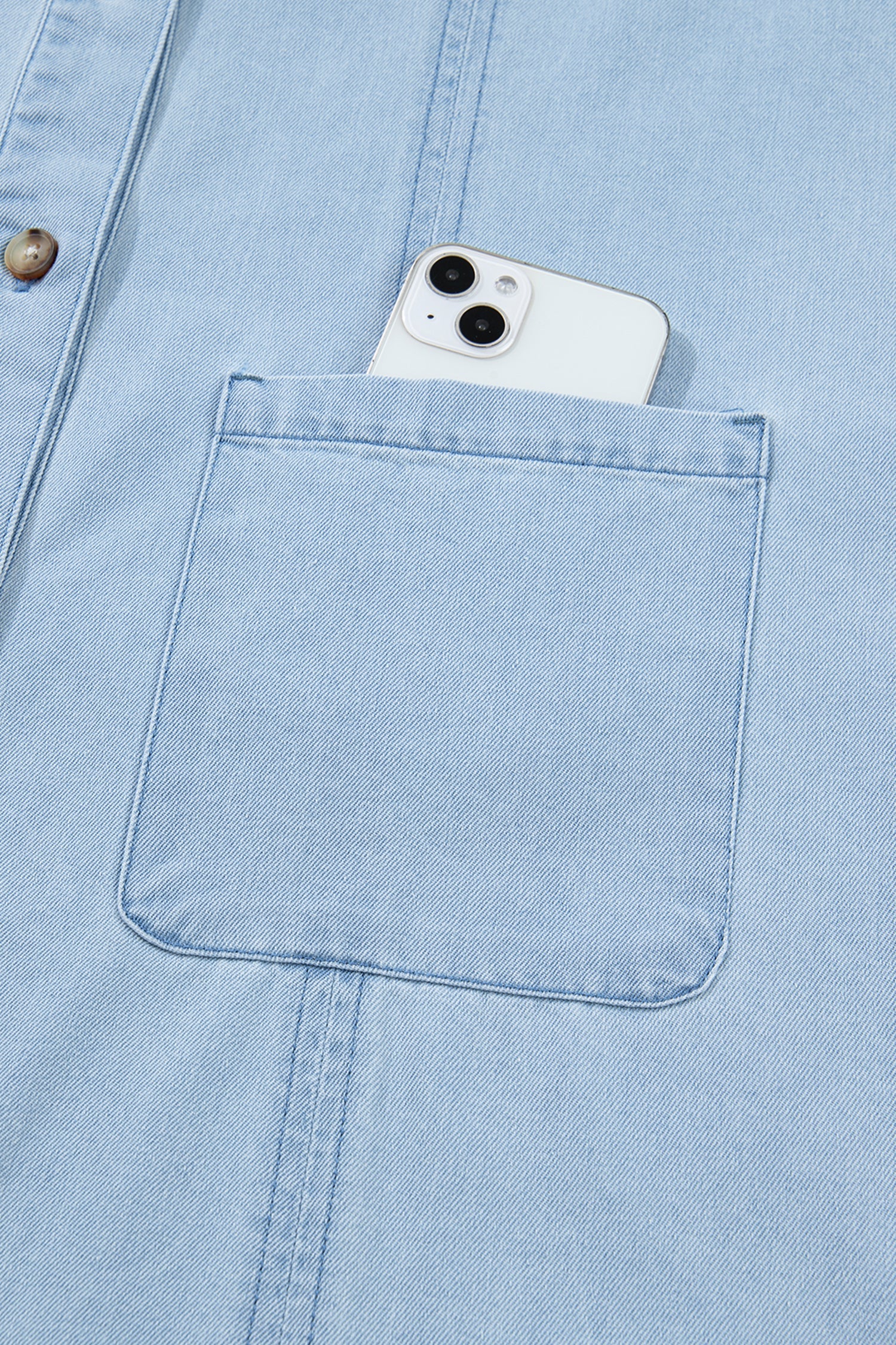Polished Beau Blue Ruffled Edge Collared Shift Denim Dress Featuring Pockets