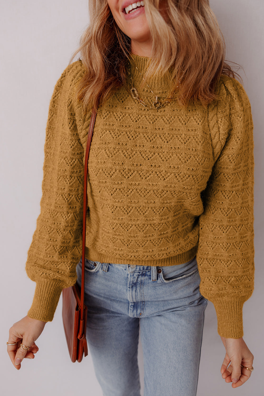 Hollow Out Crochet Rib-Knit Edge Balloon Sleeve Knit Top