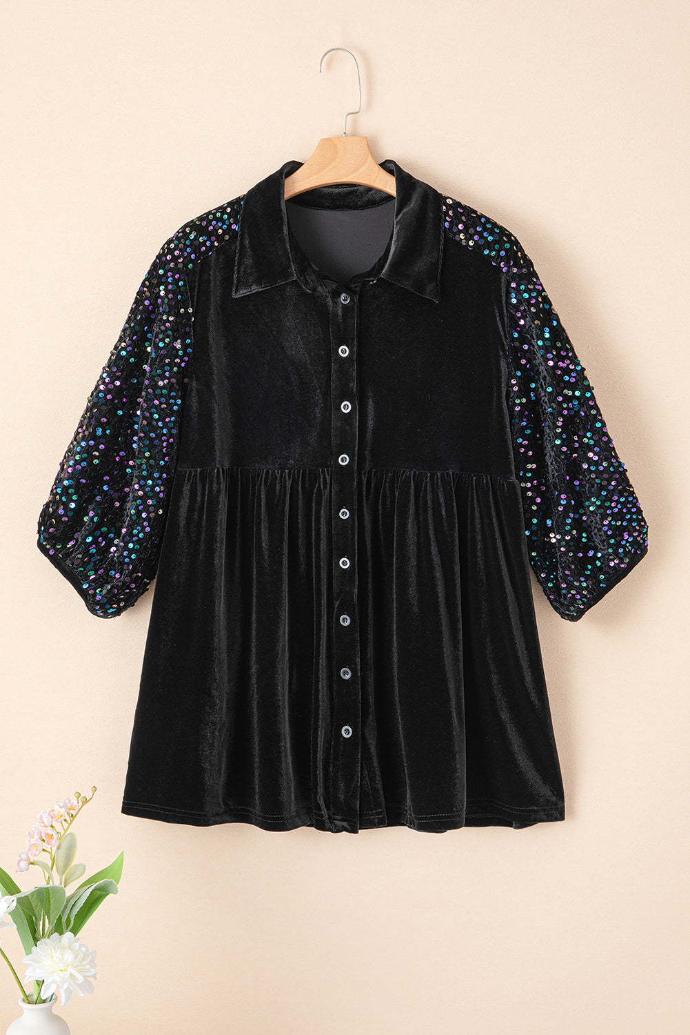 Chemise Péplum En Velours Boutonnée À Manches Bouffantes Et Sequins