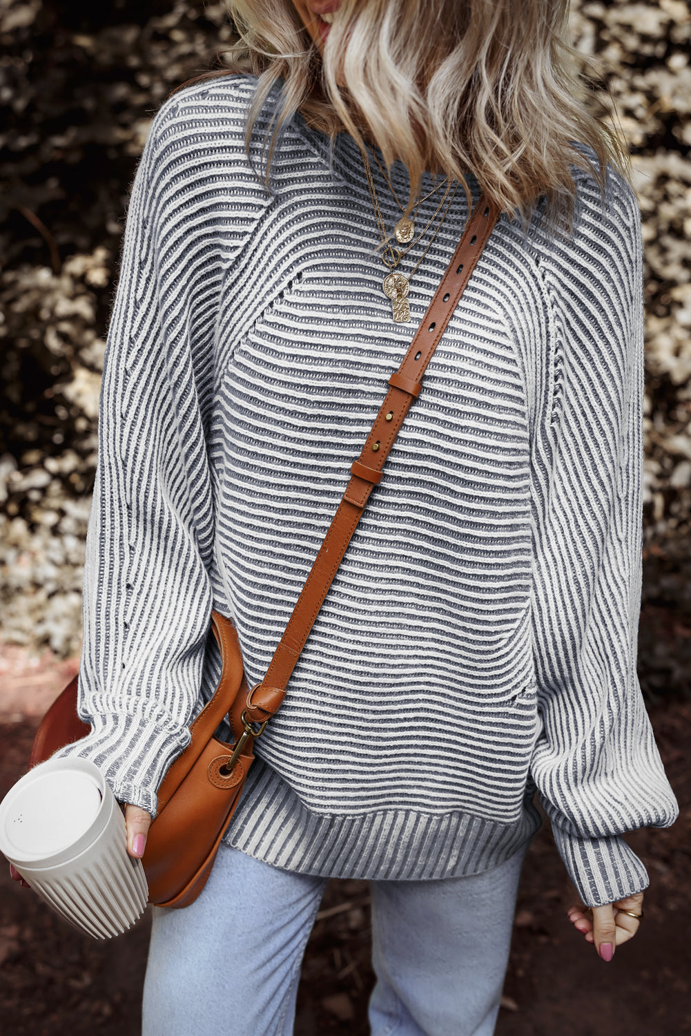 Print Rib-Knit Striped Rib-Knit Knit Boat Neck Baggy Knit Top