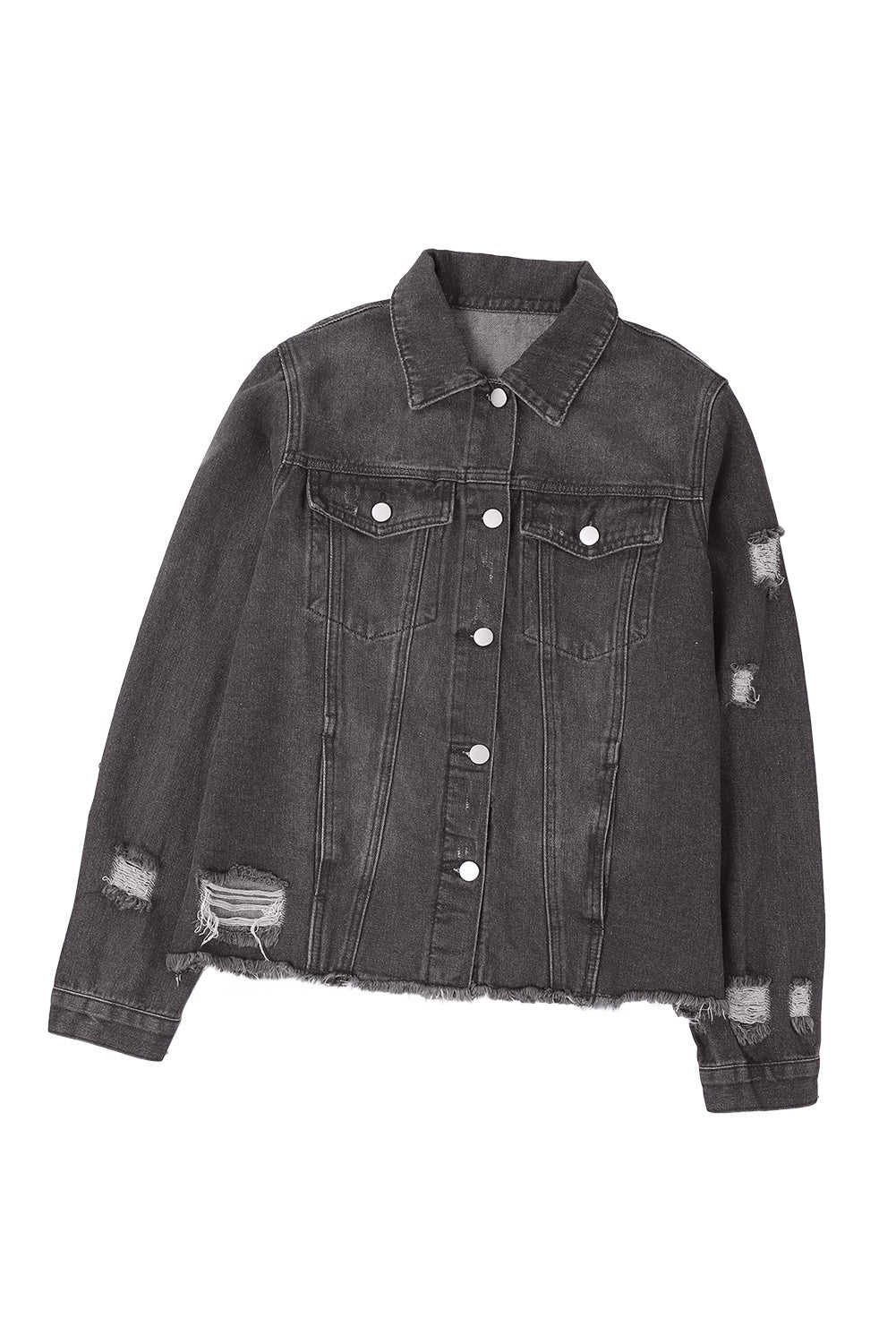 Lapel Hem Distressed Raw Buttons Denim Jacket