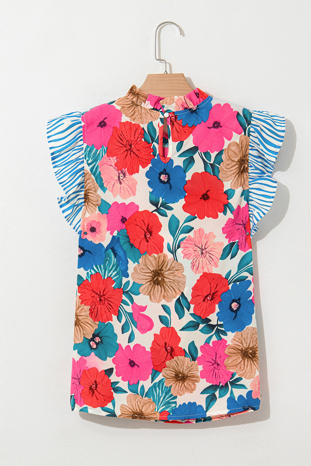 Striped Floral Mock-Neck Flutter Sleeve Blouse