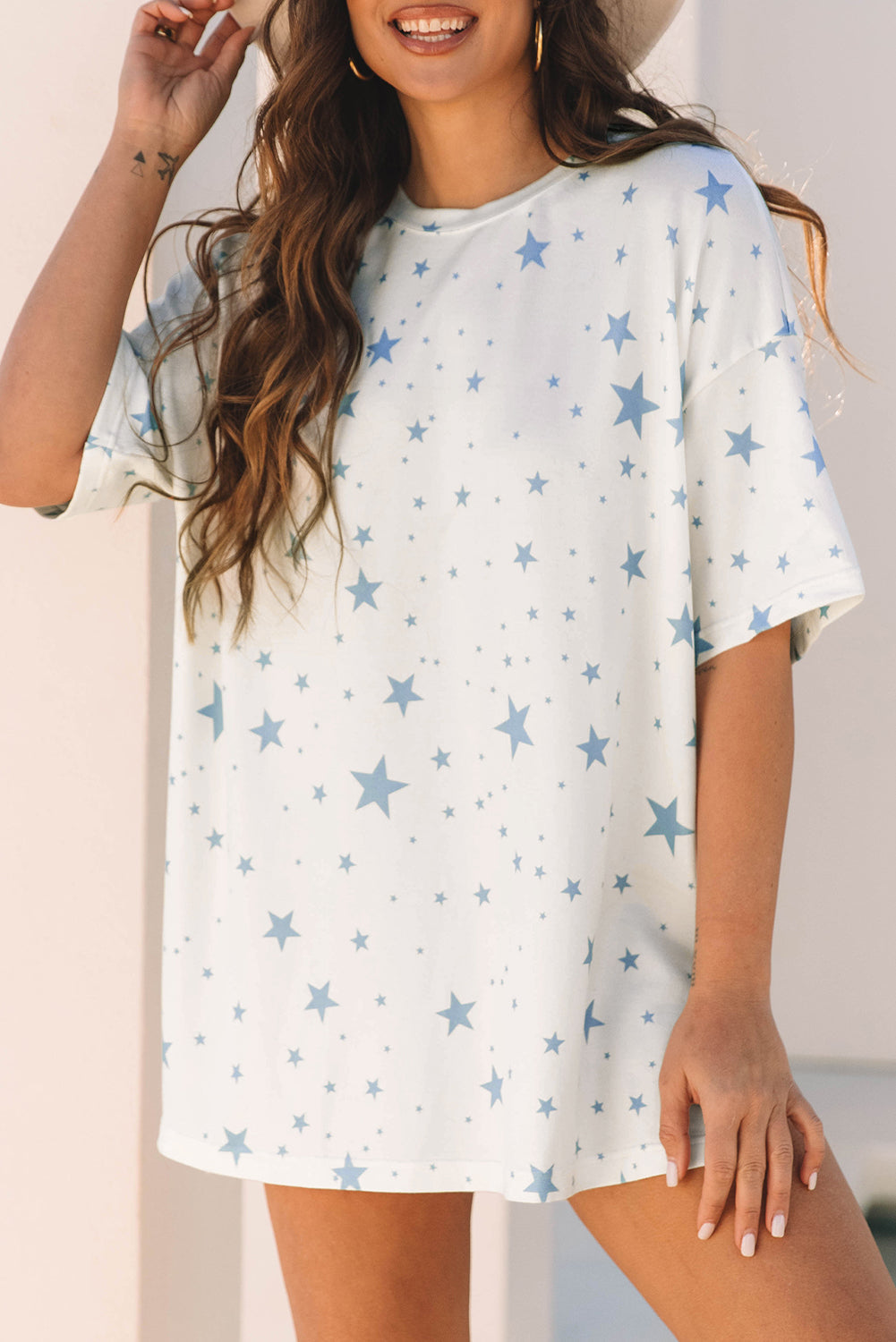 Stars Print Drop-Shoulder Roomy T Shirt with Slits