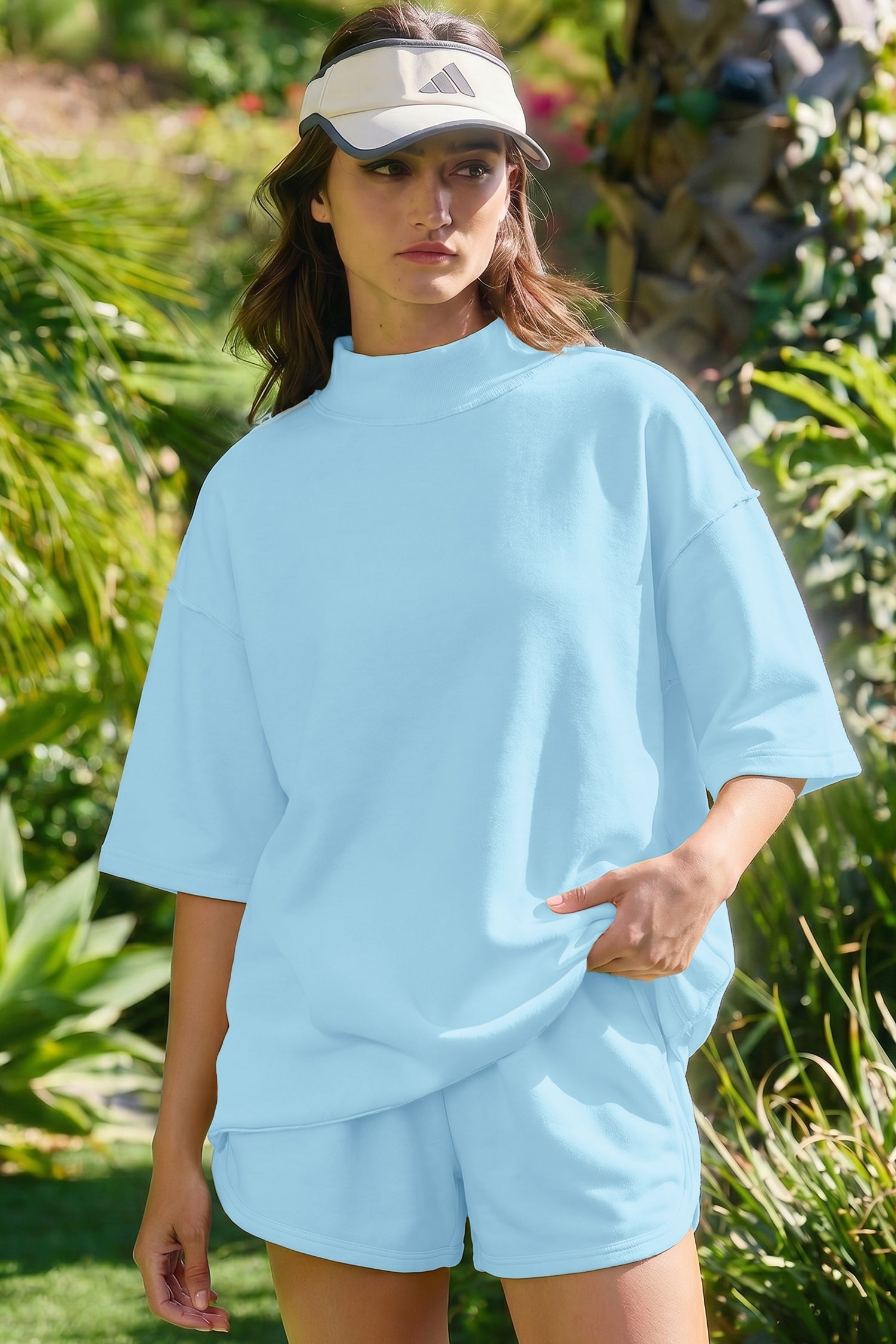 Mist Blue Solid Exposed Seam Mock-Neck Oversize Tee Everyday Shorts 2pcs Outfit