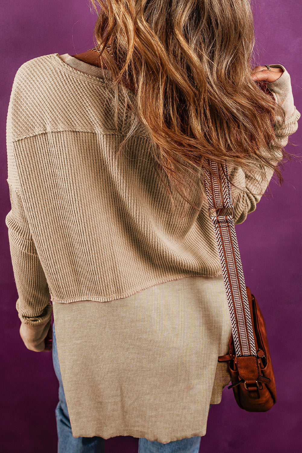 Women's Top with Patchwork Exposed Waffle Knitted