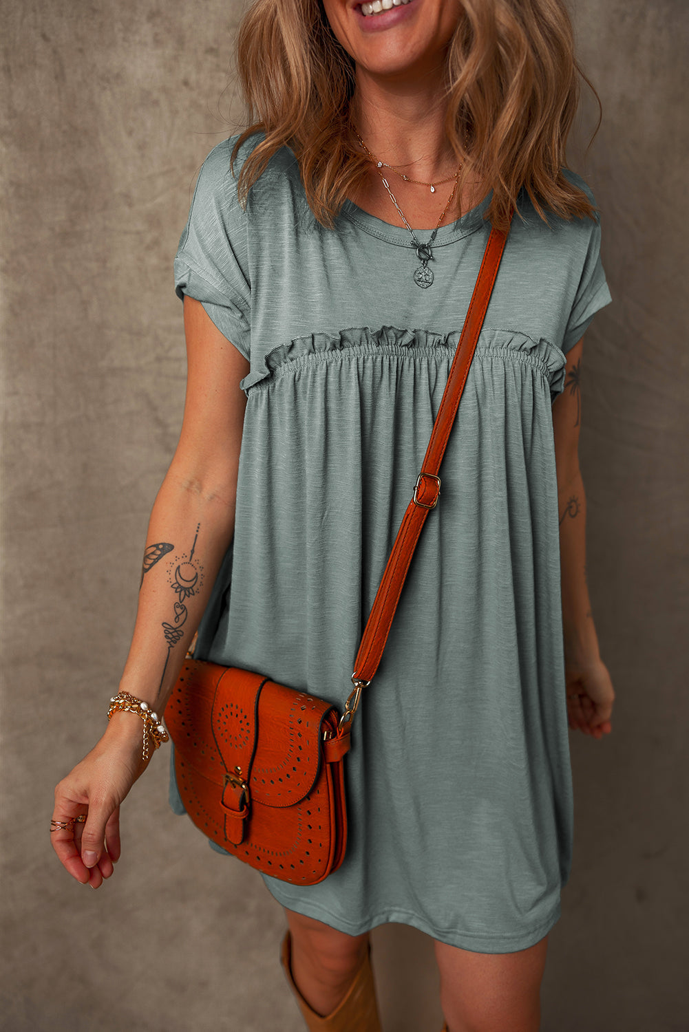 Frilled Gathered Seam T Shirt Dress