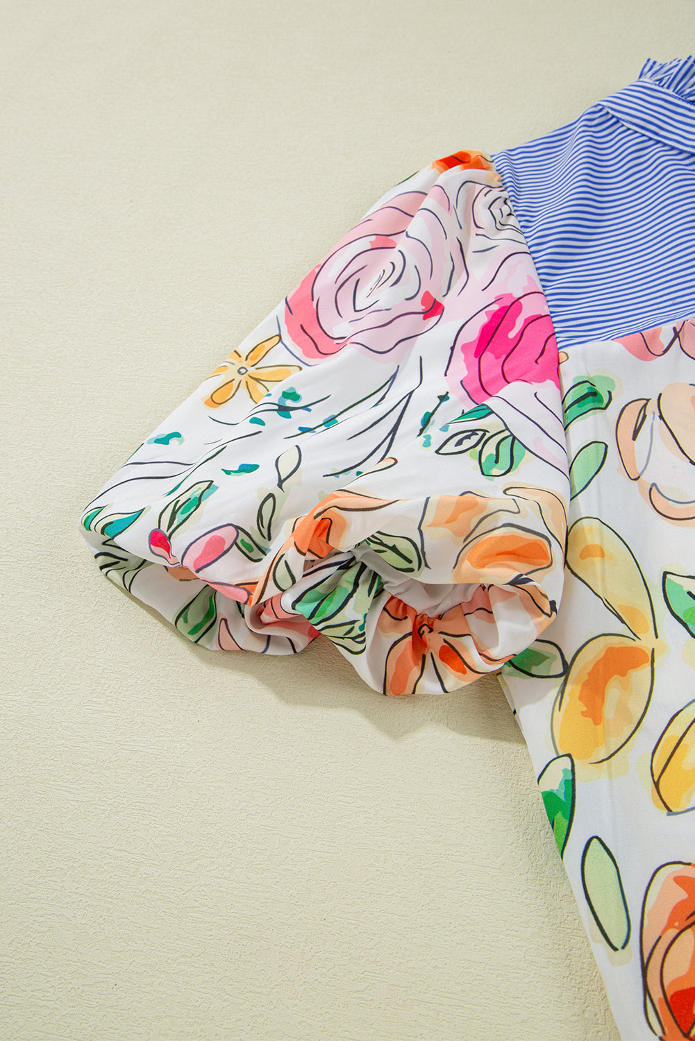 Floral Print Striped Yoke Frilled V Neck Blouse
