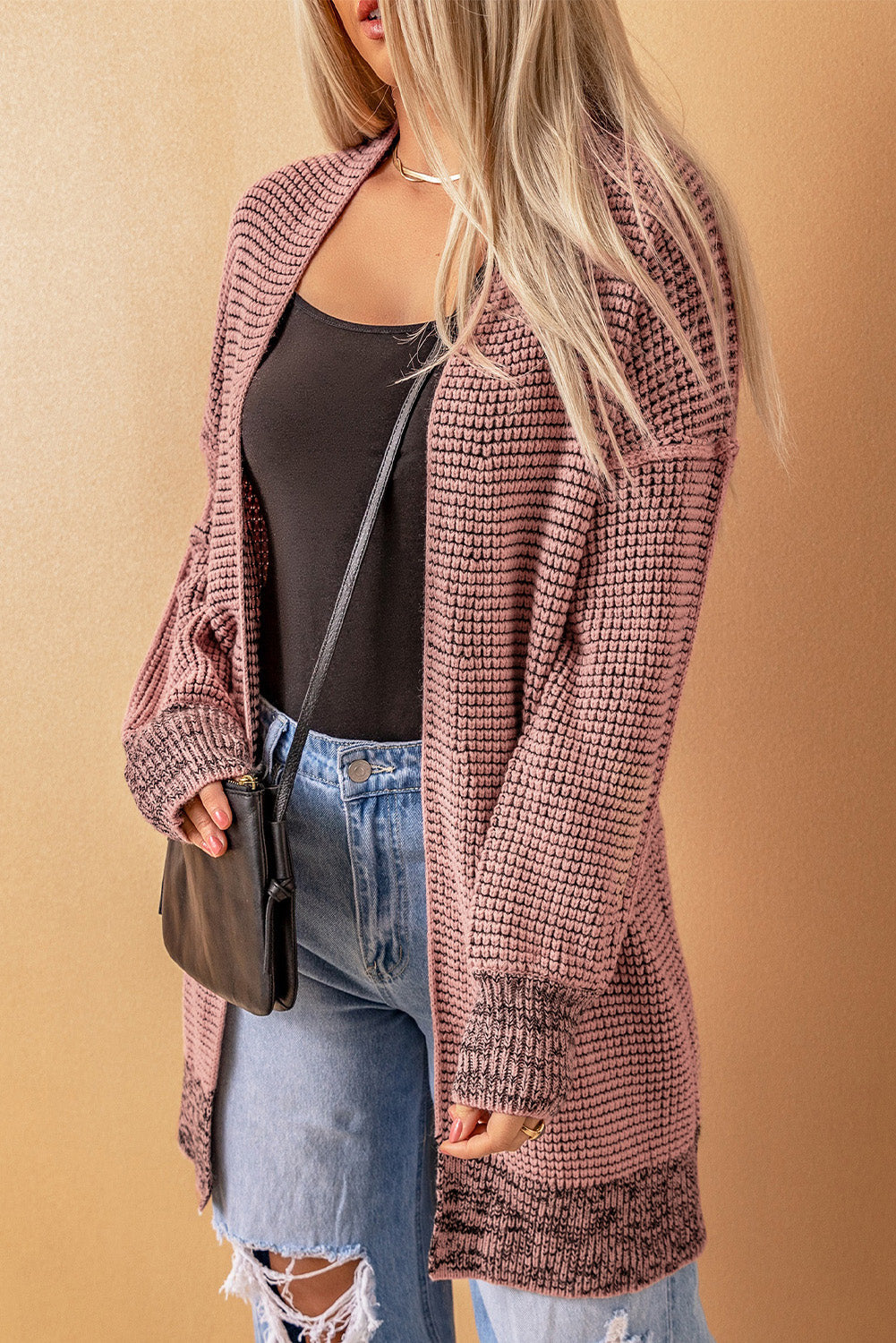 Women's Cardigan Featuring Plaid Knitted Long Open Front Pink
