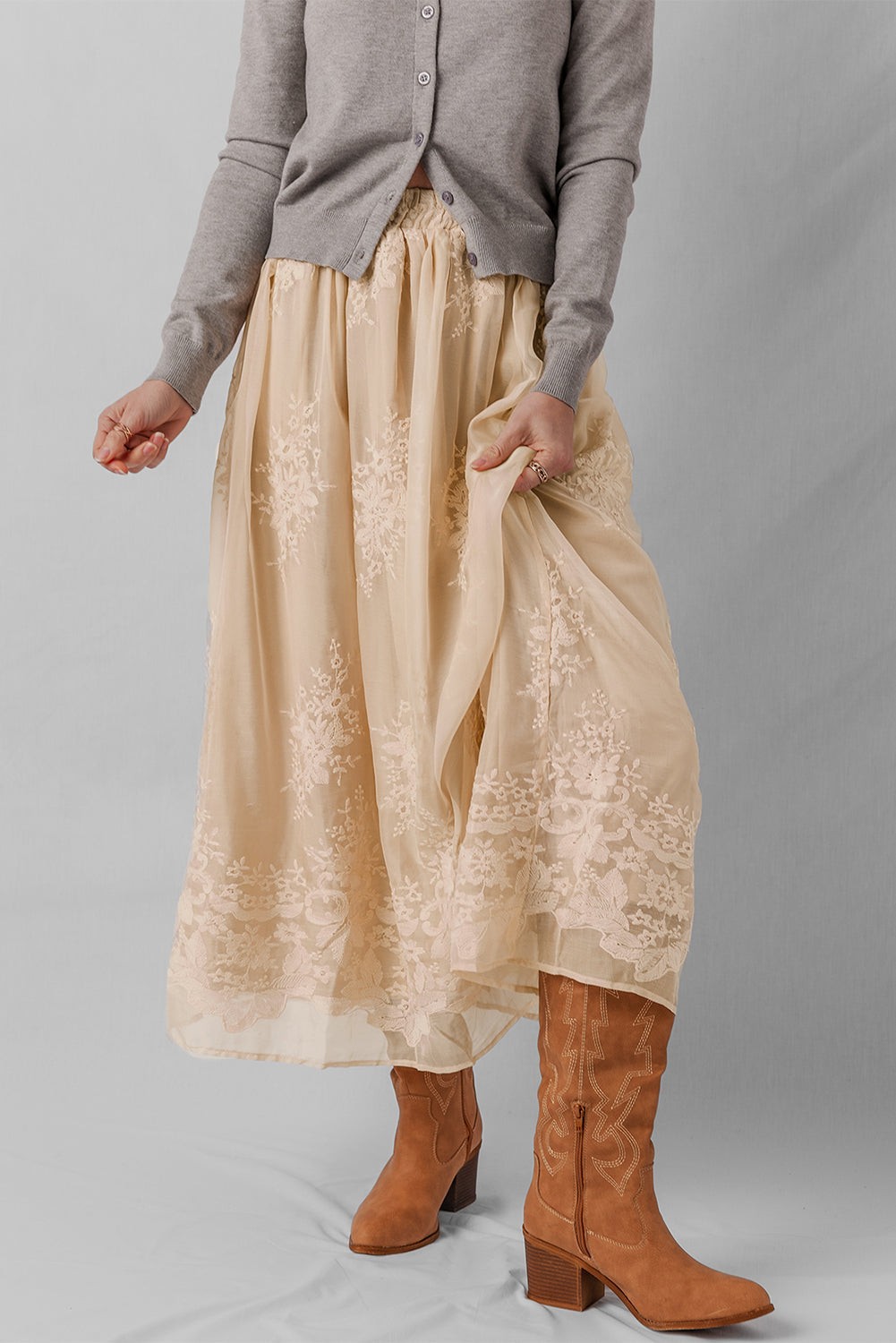 Overlay Embroidered Mesh Flowy Long Skirt in Oatmeal