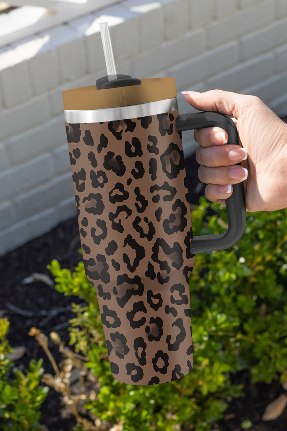 Handle Stainless Leopard-Print Stainless Steel Large Vacuum Cup 40oz