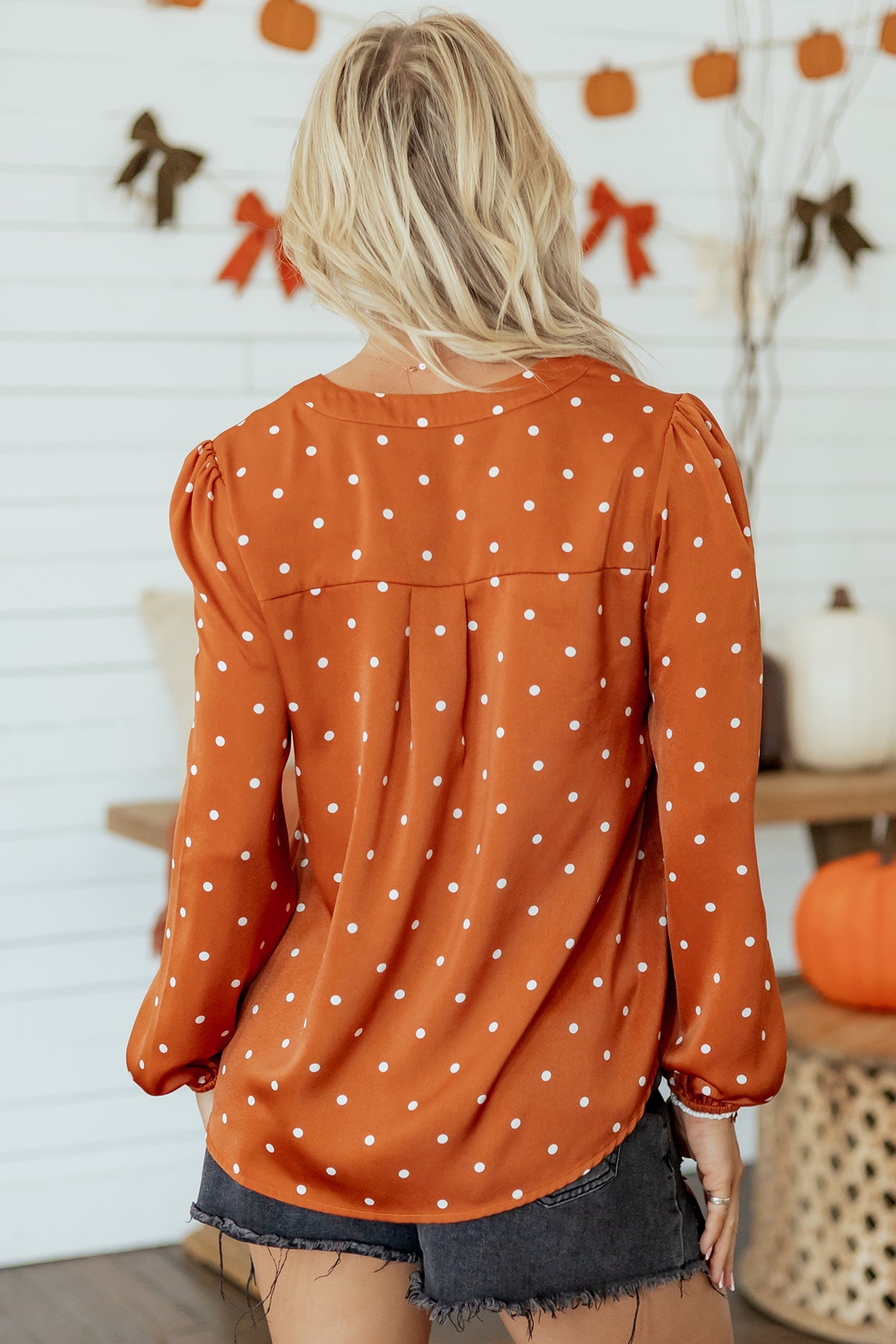 Long-Sleeved Polka-Dot V-Neck Blouse in Brown