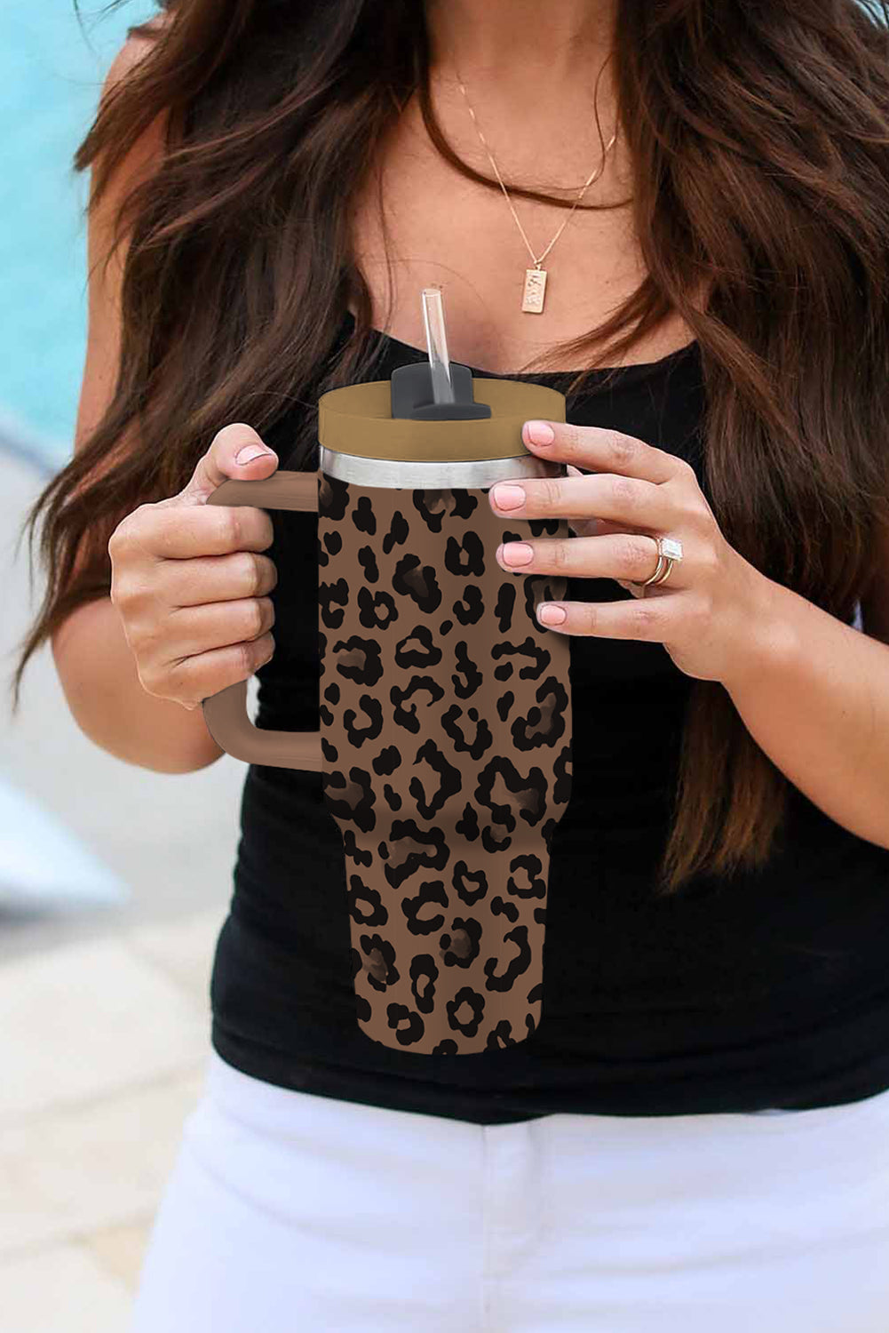 Handle Stainless Leopard-Print Stainless Steel Large Vacuum Cup 40oz