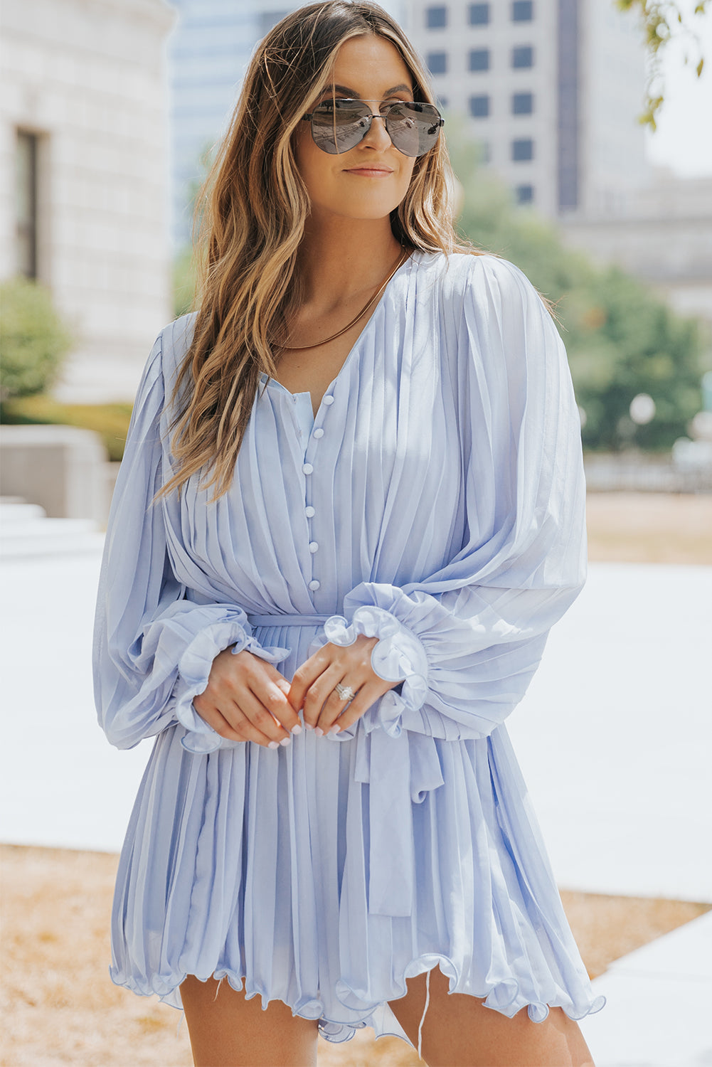 Romper for Women Buttons Pleat-Detail Ruffle-Trimmed Tie Waist