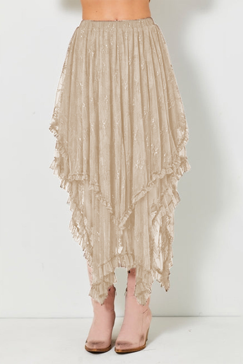 Lace High-Waisted Cascading Tiered Maxi Skirt in Apricot