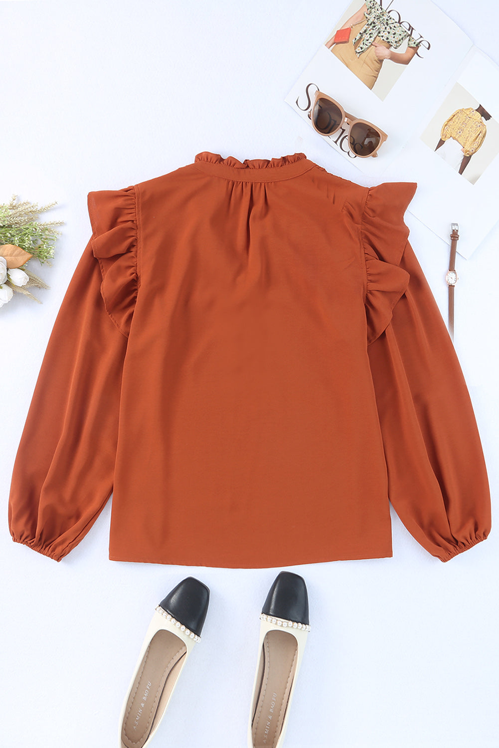 Women's Button-Front V Neck Ruffle-Trimmed Pleat-Detail Blouse
