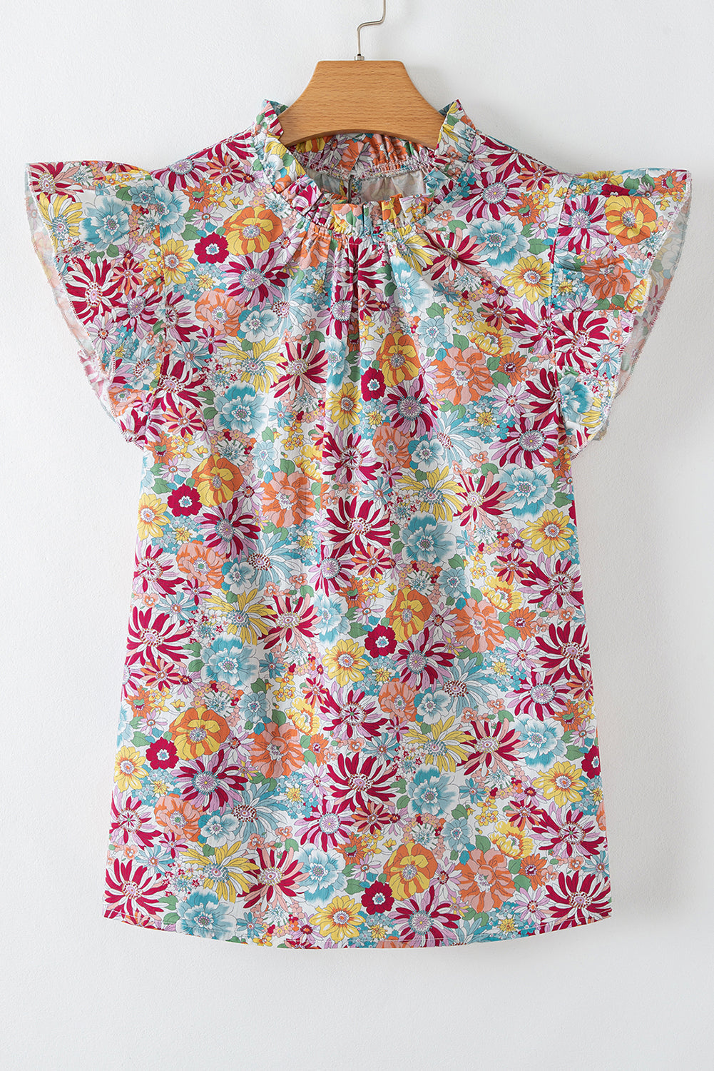 Detail Floral Pleated Flutter Sleeve Blouse