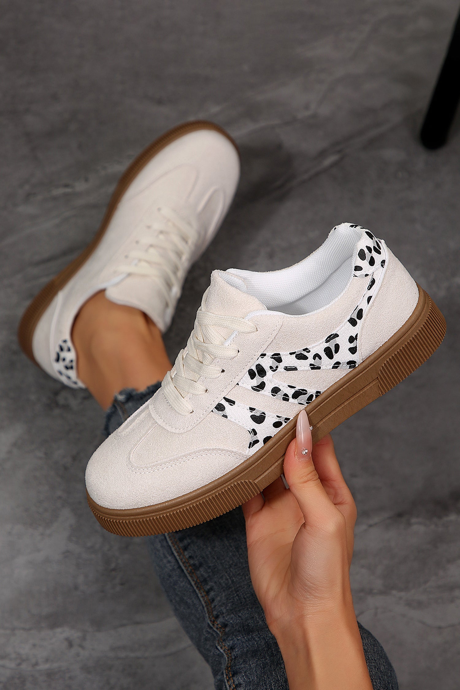 Suede Leopard Colorblock Trim Lace-up Everyday Shoes in White