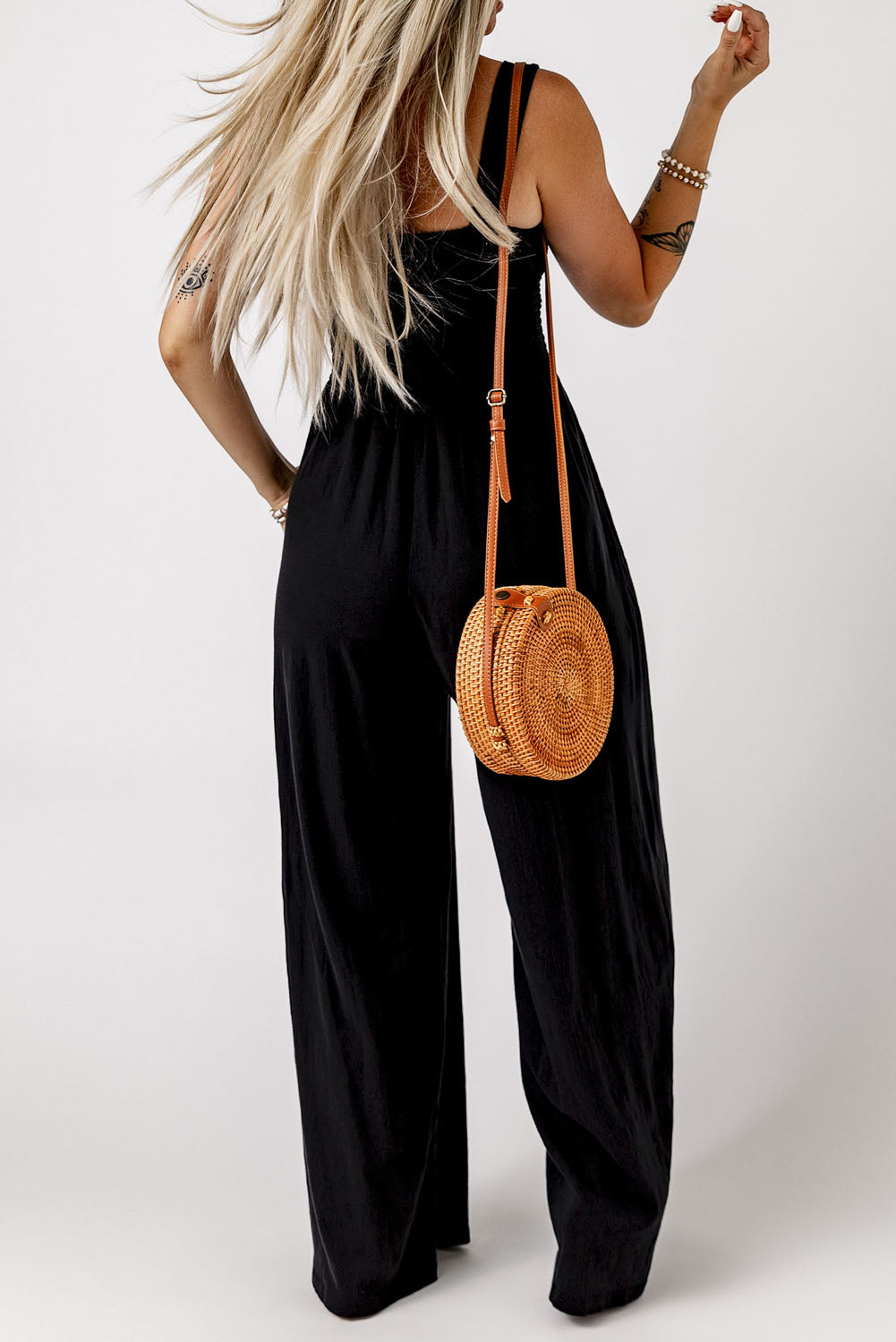 Women's Leg Jumpsuit Featuring Shirred Sleeveless Wide