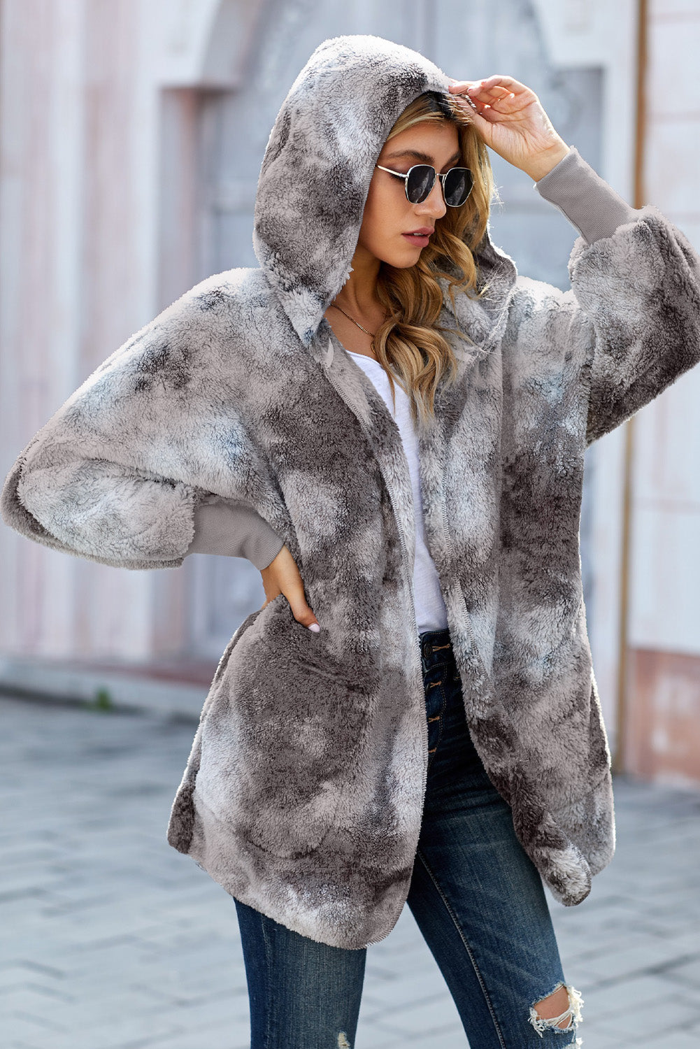 Women's Coat with Women's Gray Tie Dye Soft Fleece Hooded Open Front