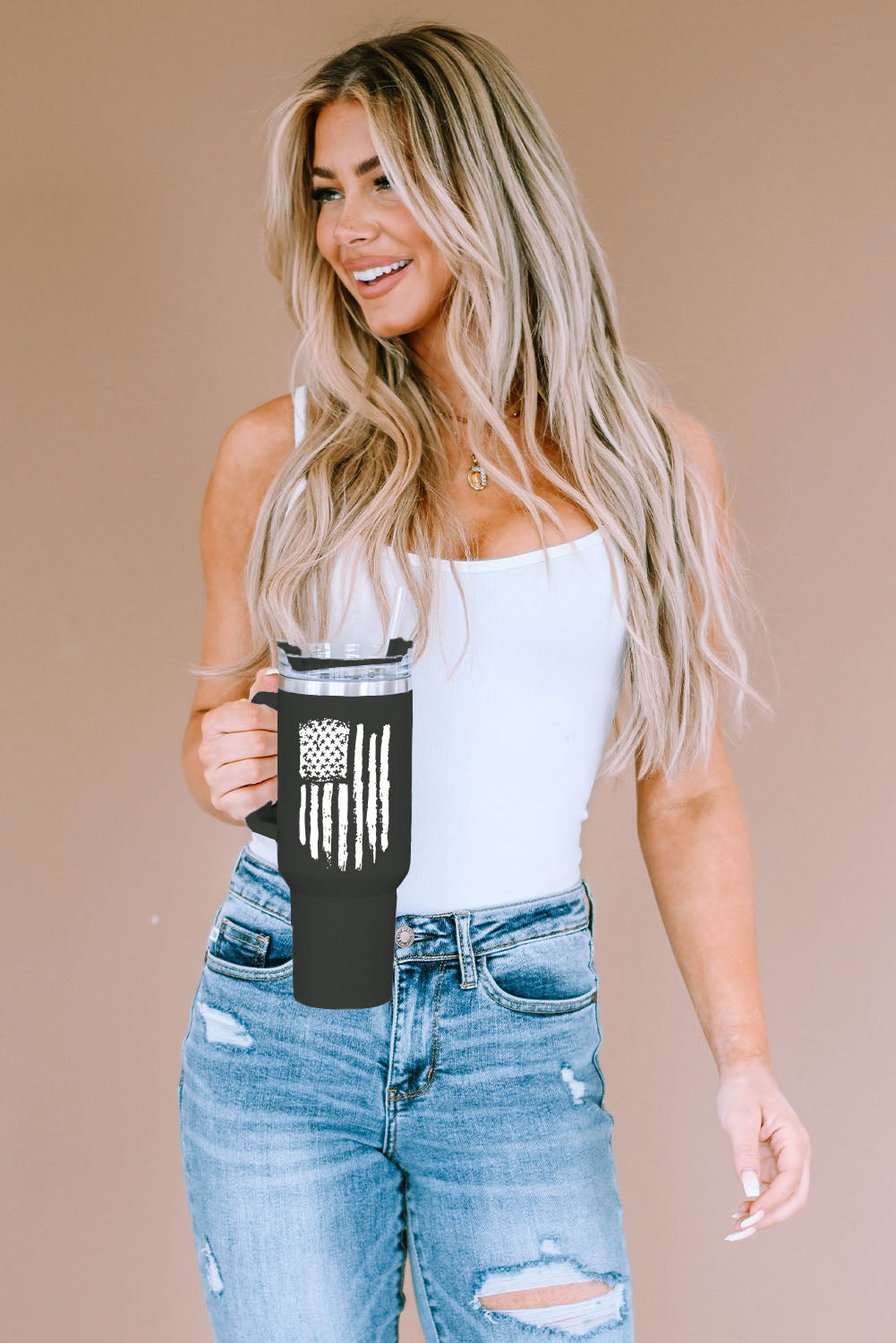 American Stainless Flag Print Steel Portable Cup with Handle 40oz