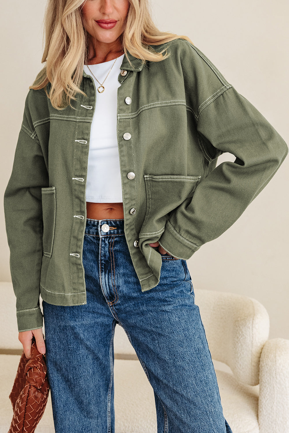 Collared Patched Pocket Button Front Boyfriend Denim Jacket